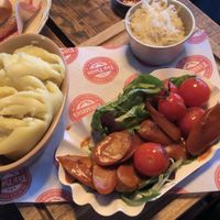 Currywurst with mash potato at Einstein's in Chesterfield