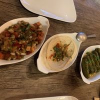 Babaganoush hummus wijnblaadjes met rijst at Taboule in Bruges