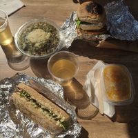 Burger, hot dog, green salad, pumpkin soup, elder juice at Rekalibracija Veganski in Novi Sad