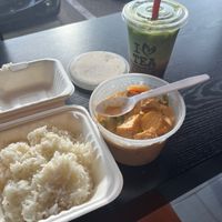 Vegan Tofu Thai Curry with Strawberry Matcha (soy milk is the default) at Kaleisia Tea Lounge in Tampa