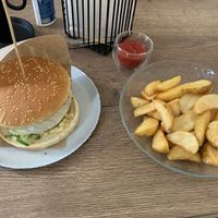 Burger and potatoes at ZEN Vegan Burger in St Petersburg