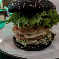 Avignon Black Burger.  Three cutlets!  Enormous.  And delicious. at ZEN Vegan Burger in St Petersburg