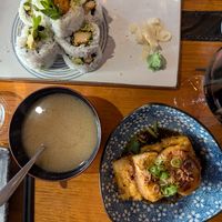Vegan chicken sushi, Agedashi Tofu and miso soup at Kinyoubi Izakaya in Fitzroy