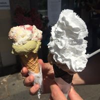 Pistachio and amarena (not vegan), vegan almond „something“ & vegan cream  at Gelateria Gran Caffe in Bruchsal