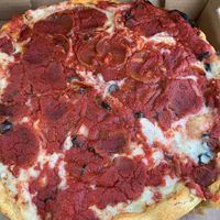 Vegan deep dish with behive pepperoni, black olives, and onion at 312 Pizza Company in Nashville