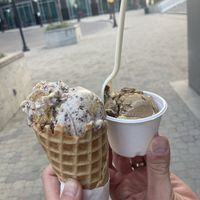 Nutterbutter and Coffee Woffee; we both loved our choices! Coffee Woffee was like a sweet, Carmel latte with waffle cone chunks 😍  at Monkeywrench in Salt Lake City