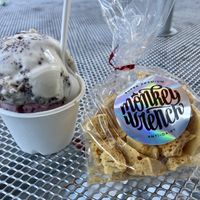 Cookies and cream scoop, strawberry scoop, and a bag of honeycomb they had available at the time 😋   at Monkeywrench in Salt Lake City