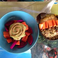 Mocha pancakes and bowl at Bom Bowls in Pai