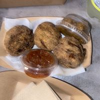 Samosas with date chutney and a kimchi chili paste   at Foo Dog Curry Traders in Jacksonville