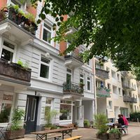 Café with tables outside  at Cafe Brooks in Hamburg