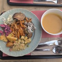 Plate of all-you-can-eat vegan buffet with soup  at DaTerra - Mercado Beira Rio in Vila Nova De Gaia