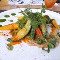 Seasonal veg with hummus, pea sauce and shoots at Gaia in Narbonne