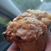 Vegan peach cobbler muffin ~ tasty with my hemp milk latte. at Zola's Cafe in Auburn