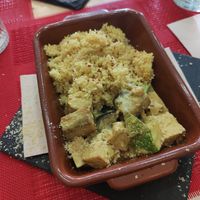 Segundo del menú del dia: tofu con berenjena y calabacín at Veggie Penguin in Tenerife