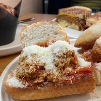 muffin of the day, reuben sandwich (back), meatball sub (front)  at Shift Eatery in Surry Hills