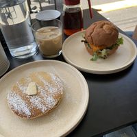 Pancakes and burger.   at Shift Eatery in Surry Hills