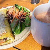 Vegan omelet and hot chocolate. Sorry about the half-drunk☕ at Shift Eatery in Surry Hills