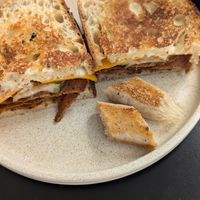 ham & cheese toastie with $5 sausage on the side, I'll admit I ate one of the three pieces before this pic at Shift Eatery in Surry Hills