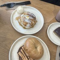 Pancakes and bacon and egg bagel, yum!   at Shift Eatery in Surry Hills