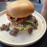 Burger with $4 side of mushrooms   at Shift Eatery in Surry Hills