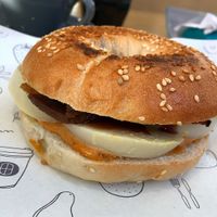 Vegan egg and bacon bagel at Shift Eatery in Surry Hills