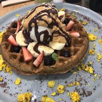 Waffle with peanut butter at Shift Eatery in Surry Hills