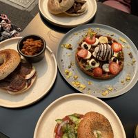 Bacon and egg, salmon bagels. Chai waffle  at Shift Eatery in Surry Hills