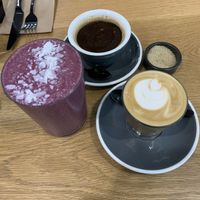 Coffees and purple rain smoothie at Shift Eatery in Surry Hills