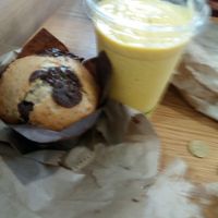 mango lassie and choc muffin at Shift Eatery in Surry Hills