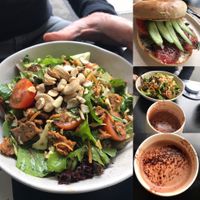 Thai “beef” salad, “salmon” bagel and hot chocolate at Shift Eatery in Surry Hills