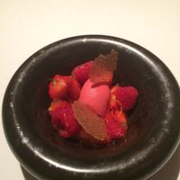 Raspberry sorbet with raspberries and strawberries at In de Groene Lantaarn in Hoogeveen