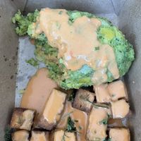 Mofongo with smoked tofu covered in spicy coconut saucee  at El Super Pan in Atlanta