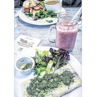 Potato and spinach crepe and strawberry smoothie and tofu sandwich in the back at Wildflour Bakery Cafe in Lawrenceville