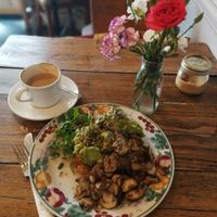 Sweet potato cake with seasoned avocado and garlic mushrooms at The Wilds in North London