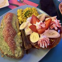 brunch option #1 with strawberry banana pancakes (€1 extra)  at Freedom Cakes Bakery in Madrid