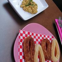Churros and scrambled tofu at Freedom Cakes Bakery in Madrid