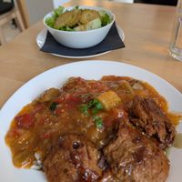 Stew, rice, salad. at Simple Green in Zagreb
