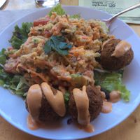 A lovely cooling salad and croquettes for a ot sunny day. at Simple Green in Zagreb