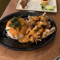 Chuchi Artichoke with rice; garlic jackfruit in the back  at Kati Vegan Thai in Seattle