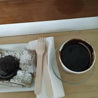 Crepe with chocolate ice-cream a d hot chocolate, all vegan! at Könos in Barcelona