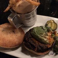 Veggie beet burger with Belgian fries  at Beer Kitchen in Kansas City