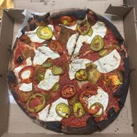 Vegan cheese pizza with eggplant and hot cherry peppers at GG's Wood Fired Pizza in Milford