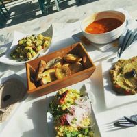 Potato salad without mayo, Fava, Garlic Dip, Tomato soup at San Antonio Beach Restaurant in Thasos
