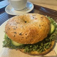 Avocado bagel and oat milk cappuccino   at Coffee Fellows in Dusseldorf