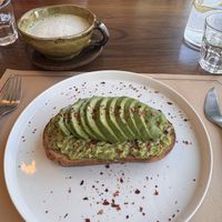 Avocado open face sandwich with matcha lattee  at Soiroum in Seoul