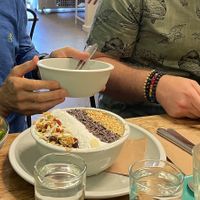 from left... tofu satay bowl, uber chocolate smoothie, and a giant bowl of nachos. at Hunter in Rye