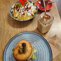 Burger on gf roll, nachos, iced chai and snickers! Yum at Hunter in Rye