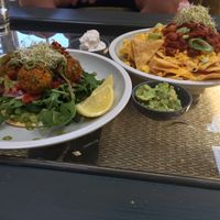 Nachos with vegan cheese and sour cream, sweet potato felafels  at Hunter in Rye