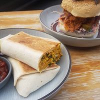 Breakfast burrito and pulled 'pork' burger at Hunter in Rye