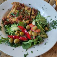 Vegan lasagne and salad at Crocus Cafe in Nottingham